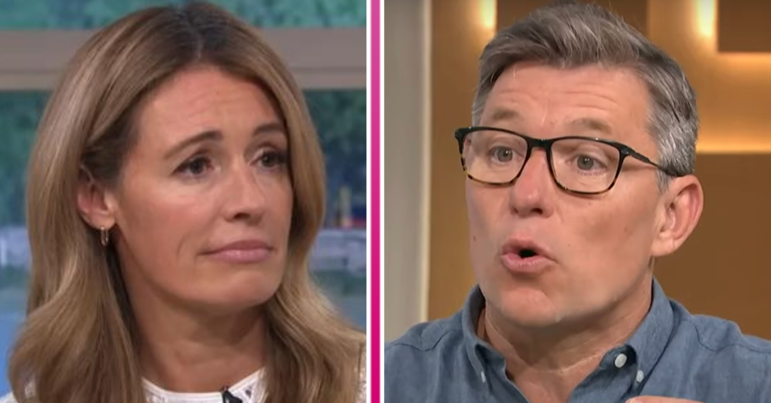 Cat Deeley frowning beside a shocked Ben Shephard on This Morning