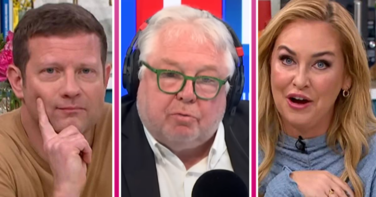 Dermot O'Leary with head in hands beside a talking Nick Ferrari and an open-mouthed Josie Gibson