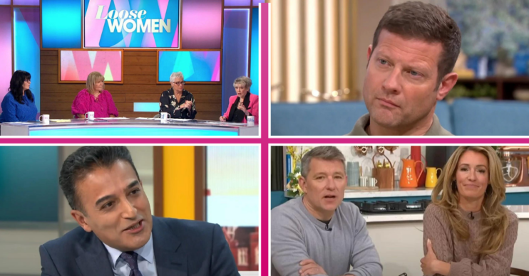 Loose Women panel on set, Dermot O'Leary frowning on This Morning, Adil Ray smiling on Good Morning Britain, Ben Shephard talking beside a frowning Cat Deeley