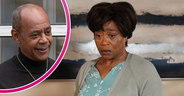 Yolande looks upset on EastEnders; inset, Pastor Clayton looking smug (Credit: BBC/Composite: ED!)