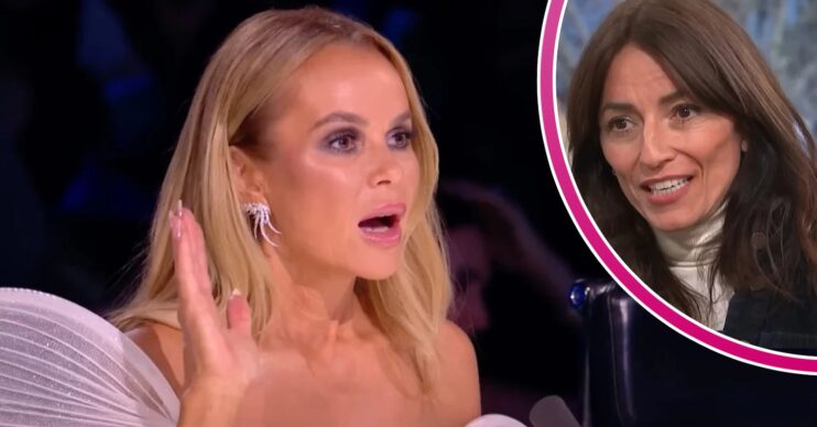 Amanda Holden talking and holding her hands up on Britain's Got Talent beside a smiling Davina McCall