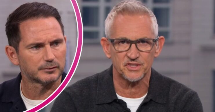 Frank Lampard frowning beside a talking Gary Lineker