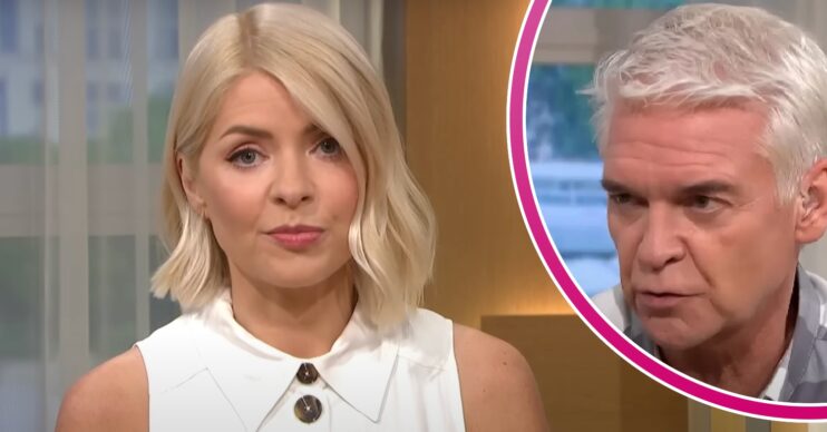 Holly Willoughby speaking to camera on This Morning / Philip Schofield looking stern