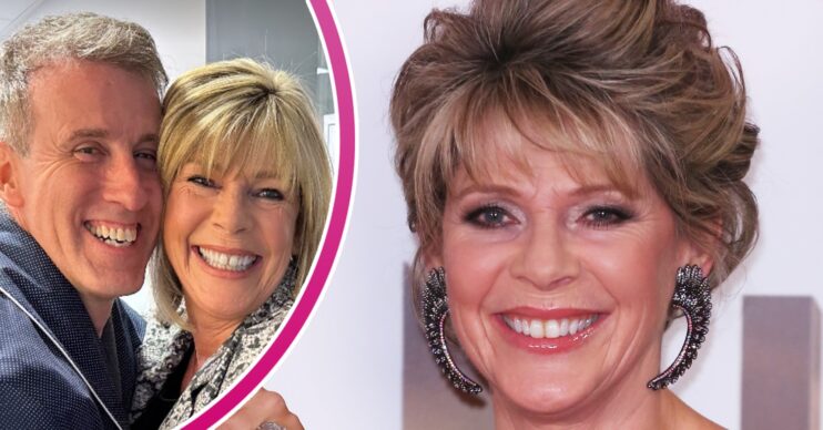 Ruth Langsford smiling and embracing a grinning Anton Du Beke beside a smiling Ruth with an up-do hairstyle and earrings composite