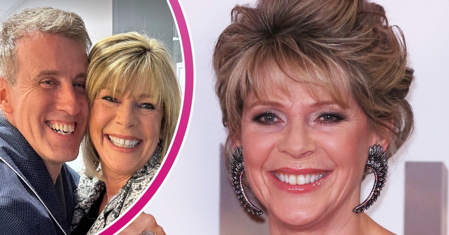 Ruth Langsford smiling and embracing a grinning Anton Du Beke beside a smiling Ruth with an up-do hairstyle and earrings composite