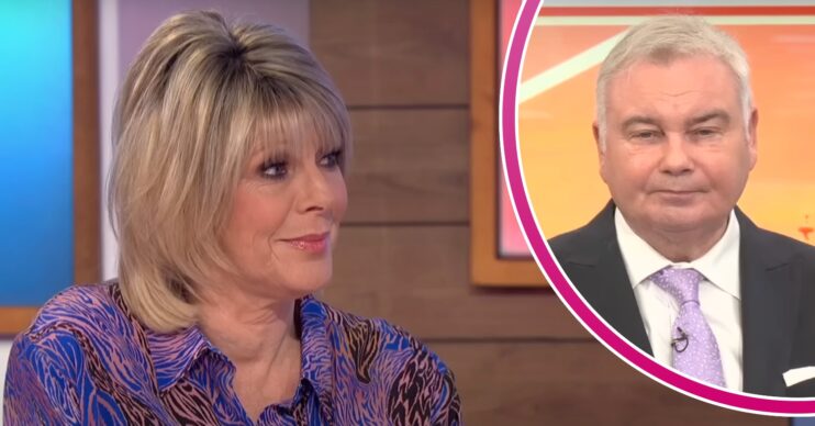 Ruth Langsford smiling on Loose Women / Eamonn Holmes looking grumpy at the camera