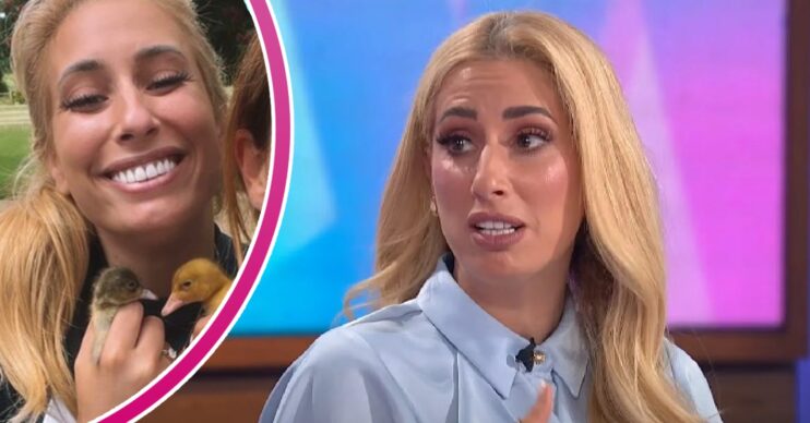 Stacey Solomon holding ducks and smiling and talking on Loose Women composite