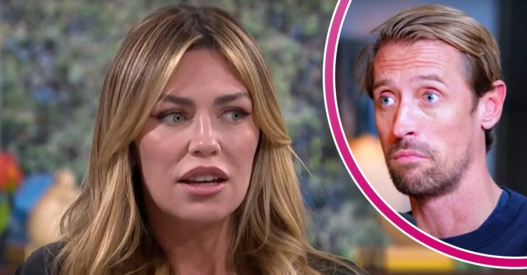 Abbey Clancy looks to her side, Peter Crouch looks surprised