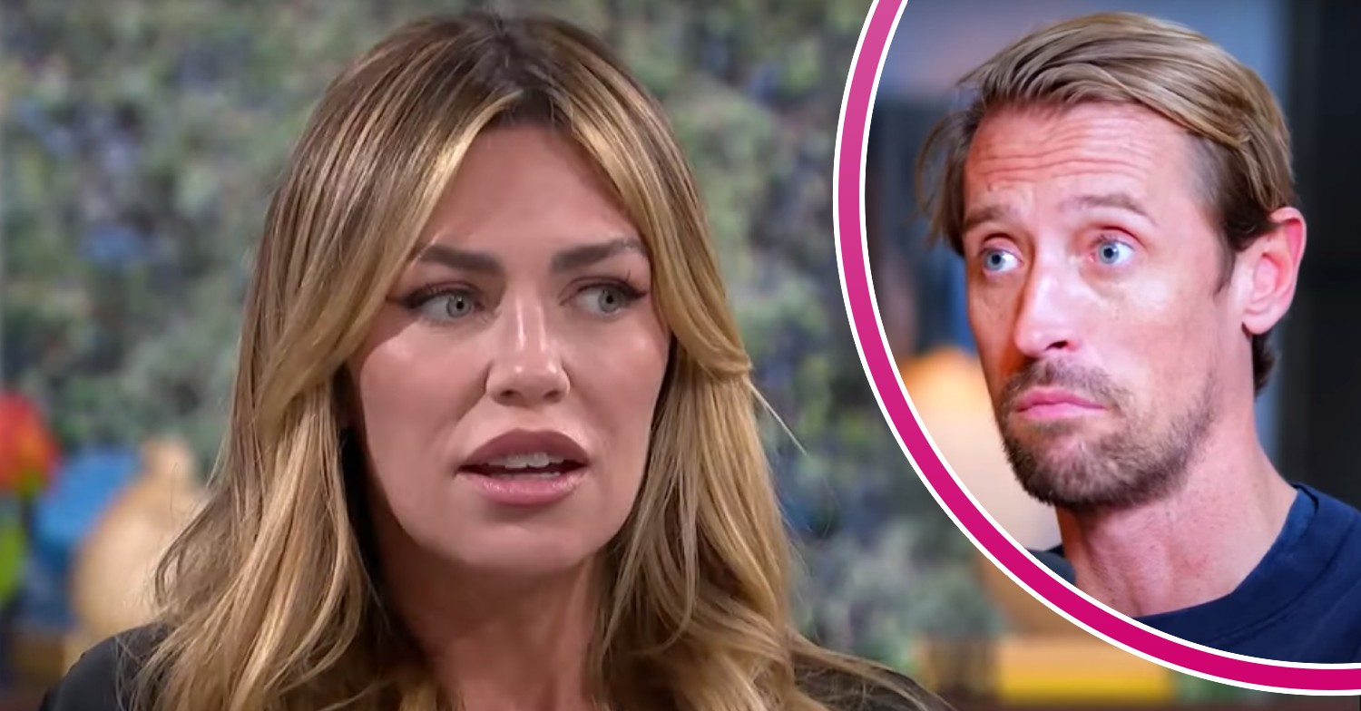 Abbey Clancy looks to her side, Peter Crouch looks surprised