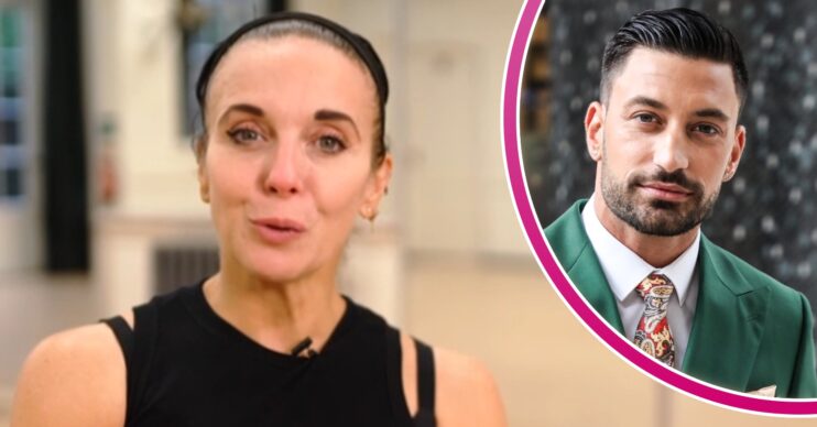 Amanda Abbington in Strictly training and Giovanni Pernice in green suit outside TV studios