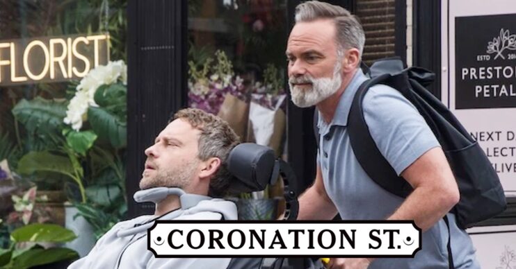 Billy pushing Paul's wheelchair outside on Corrie, inset soap logo (Credit: ITV/Composite: ED!)