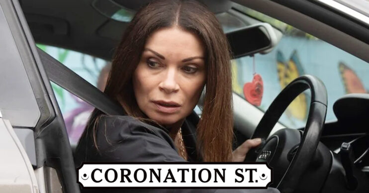 Coronation Street's Carla is in her car, the Corrie logo