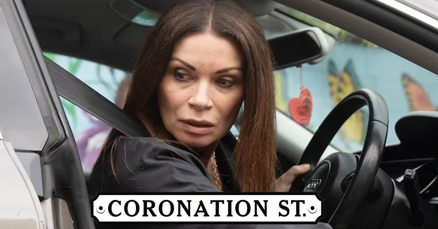 Coronation Street's Carla is in her car, the Corrie logo