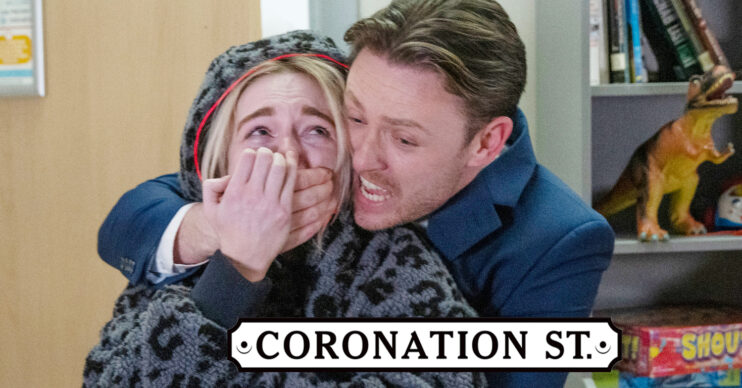 Coronation Street's Joel is grabbing Lauren and covering her mouth, the Coronation Street logo