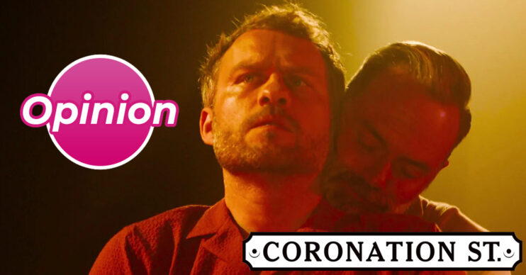 Coronation Street's Paul and Billy, the Corrie logo, an opinion bubble