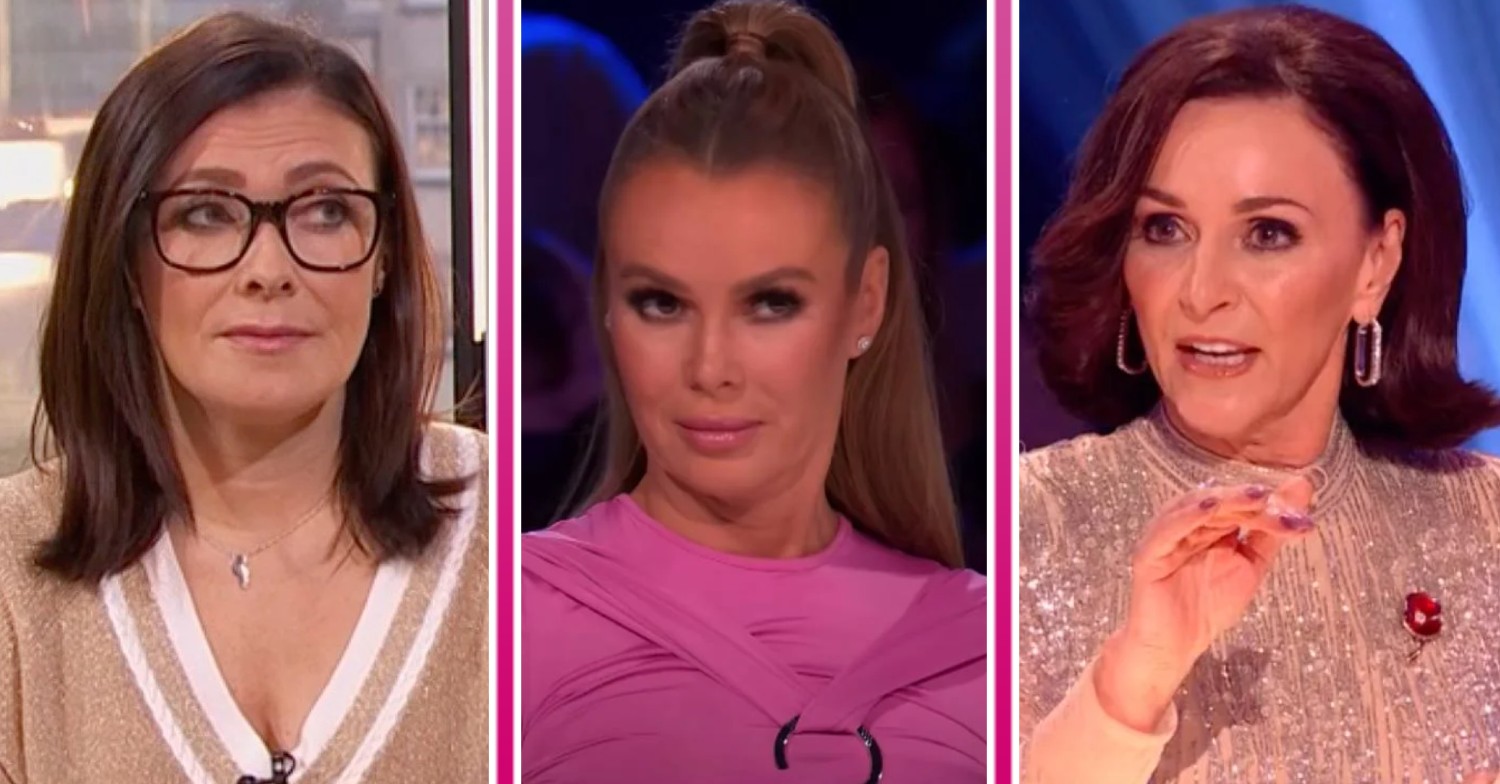 Kym Marsh looks to the side, Amanda Holden dips her chin, Shirley Ballas looks narked