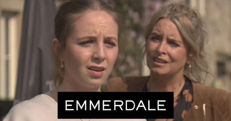 A worried Charity talks to Belle on Emmerdale; soap logo inset (Credit: ITV/Composite: ED!)