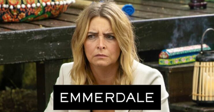 Charity looking intimidating on Emmerdale; logo inset (Credit: ITV/Composite: ED!)