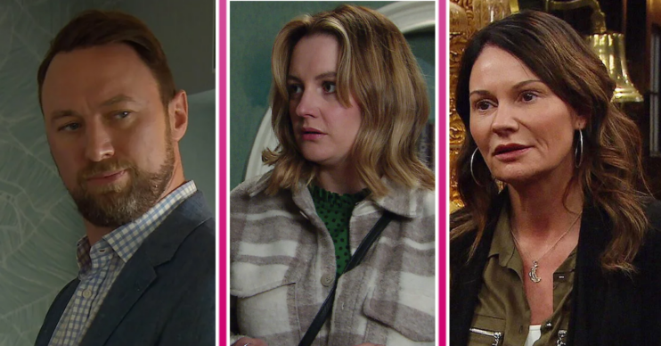 Composite image of Liam, Chas and Ella on Emmerdale, all looking stressed (Credit: ITV/Composite: ED!)