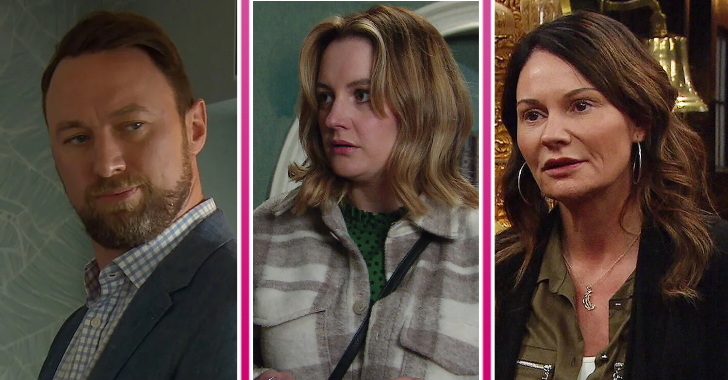 Composite image of Liam, Chas and Ella on Emmerdale, all looking stressed (Credit: ITV/Composite: ED!)