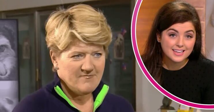 Clare Balding looking stern and Storm Huntley speaking inset