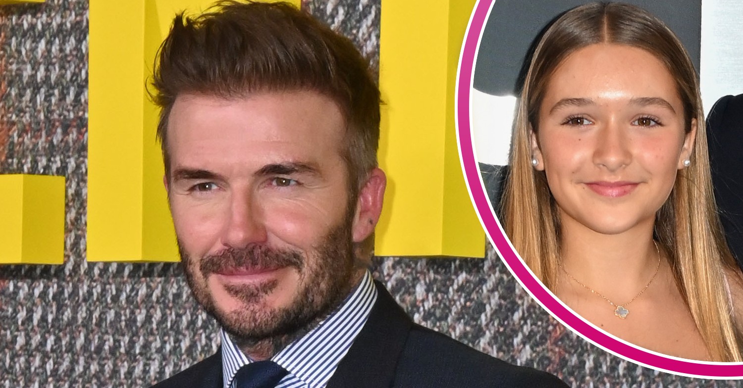 David Beckham smiling at event and daughter Harper in ED composite