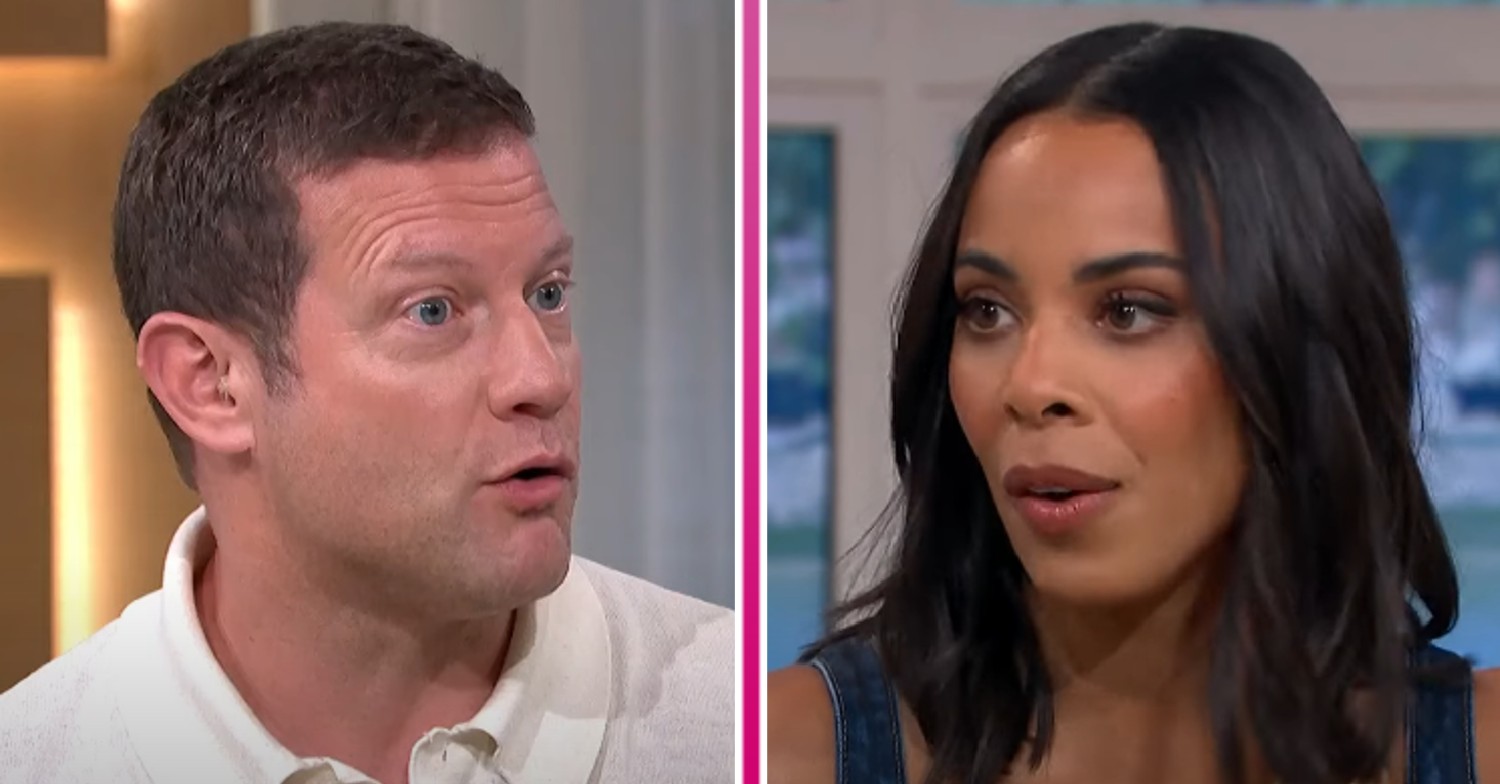 Dermot O'Leary with shocked expression and Rochelle Humes talking on This Morning