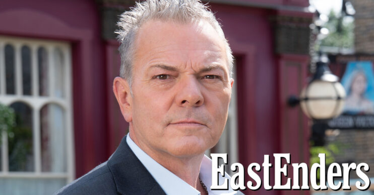 EastEnders' David Wicks outside of The Vic, the EastEnders logo