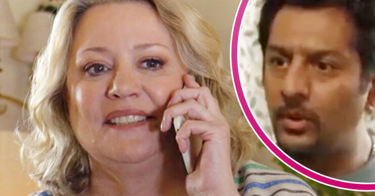 EastEnders' Jane Beale is on the phone, and in a bubble is Masood