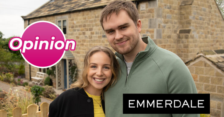 Emmerdale's Belle and Tom are smiling outside of a cottage, the Emmerdale logo, an opinion bubble