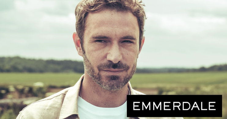 Emmerdale's Oliver Farnworth as John Sugden, and the Emmerdale logo