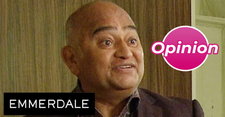 Emmerdale's Rishi, the Emmerdale logo and opinion bubble