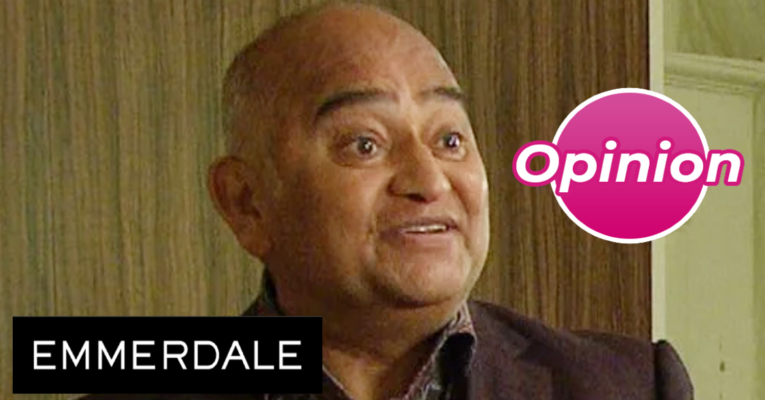 Emmerdale's Rishi, the Emmerdale logo and opinion bubble