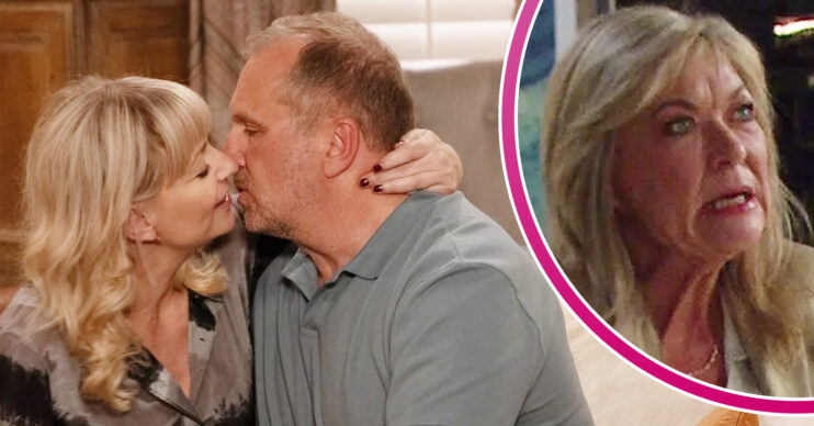 Emmerdale's Rose and Will are kissing, and in a bubble is Kim