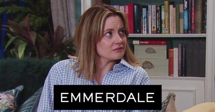 Ella looks worried on Emmerdale; inset, soap logo (Credit: ITV/Composite: ED!)