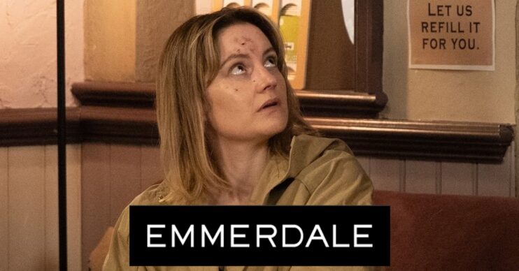 A battered and bruised Ella looks worried on Emmerdale, soap logo inset (Credit: ITV/Composite: ED!)