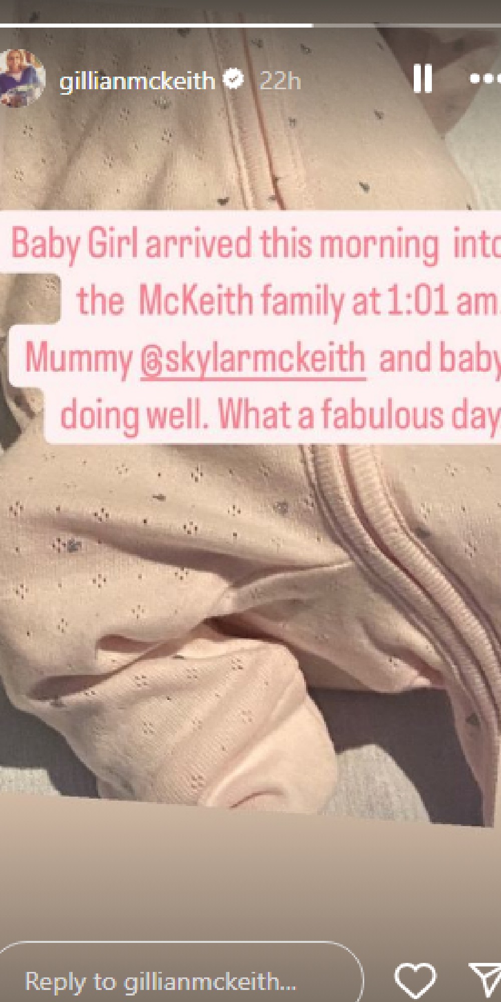 Gillian McKeith announcing birth of granddaughter