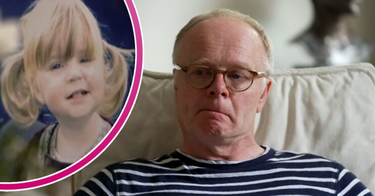 Jason Watkins looking upset and daughter Maude inset