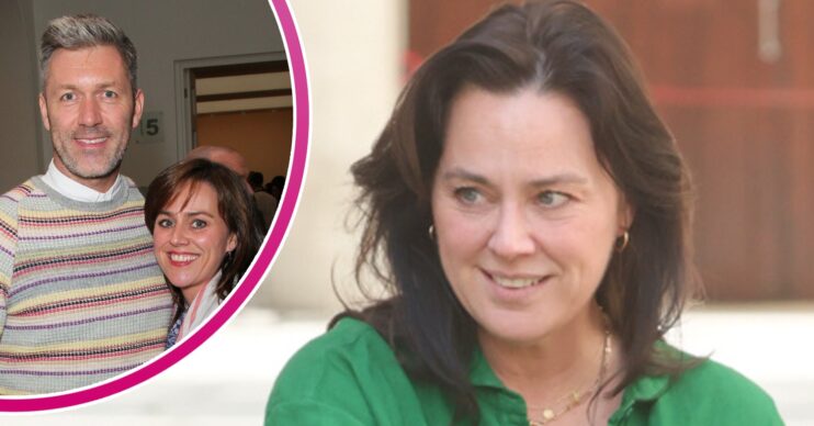 Jill Halfpenny in a green top and with her late partner inset