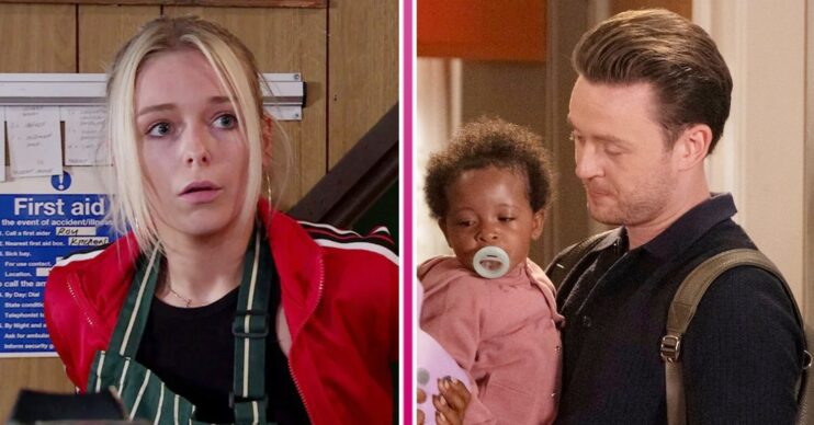Joel with Maeve on Corrie; left, Lauren looking worried (Credit: ITV/Composite: ED!)