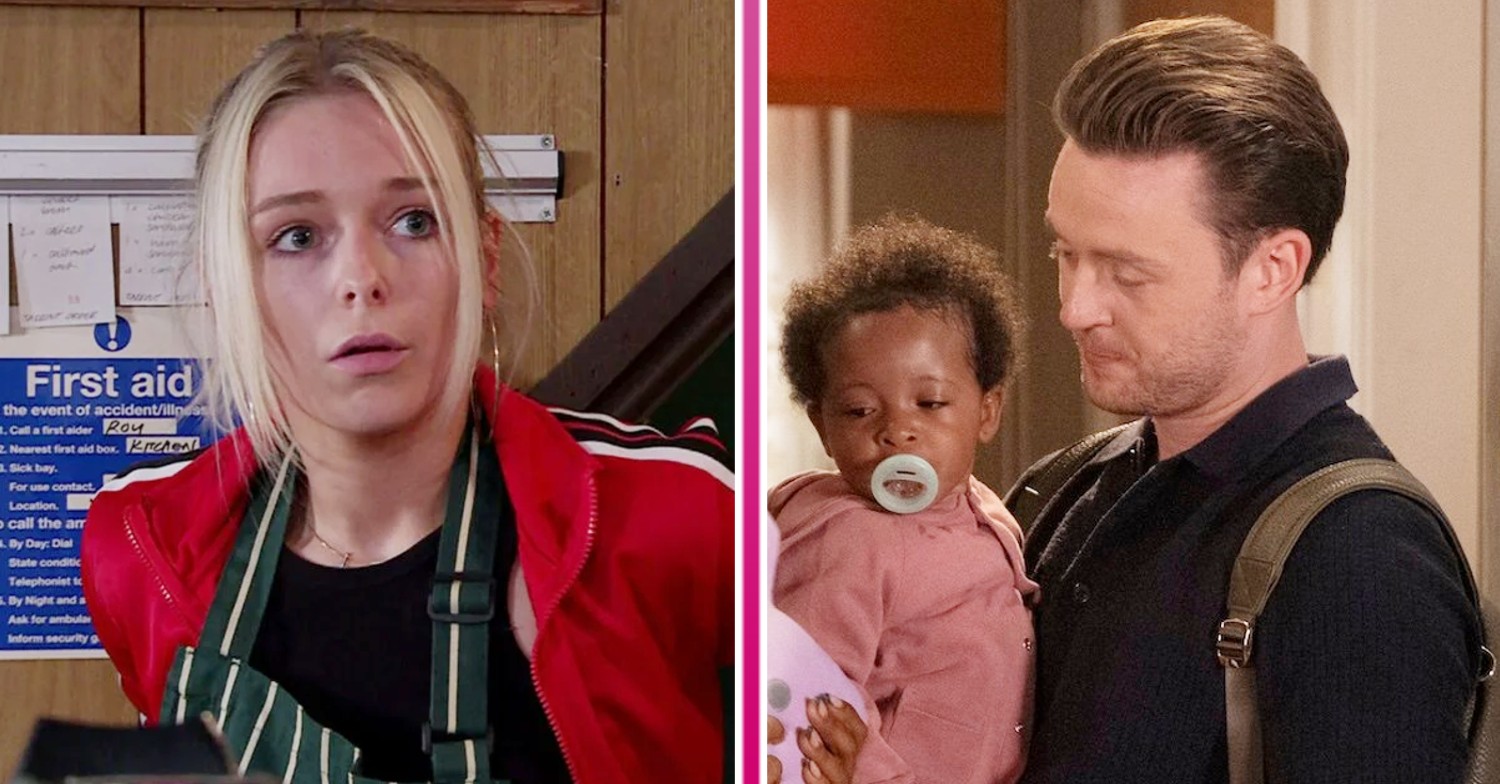 Joel with Maeve on Corrie; left, Lauren looking worried (Credit: ITV/Composite: ED!)