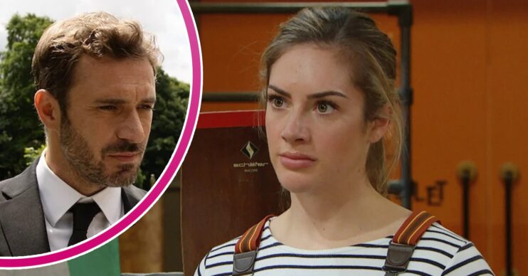 Victoria Sugden looks surprised on Emmerdale; inset, John (Credit: ITV/Composite: ED!)