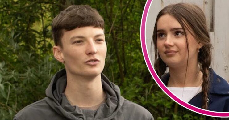Josh looking smug on Emmerdale; inset, Sarah (Credit: ITV/Composite: ED!)