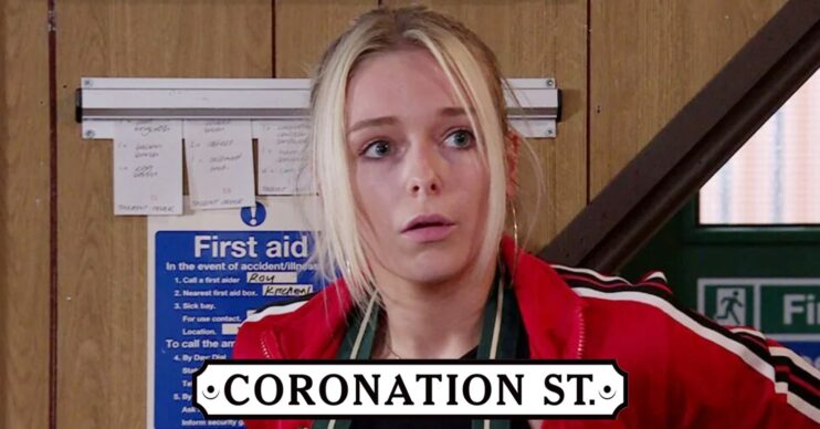Lauren looks worried on Corrie; soap logo inset (Credit: ITV/Composite: ED!)