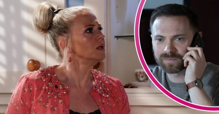 Linda looks shocked on EastEnders; inset, Dean looking sinister on the phone (Credit: BBC/Composite: ED!)