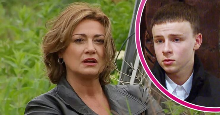 Moira looks angry on Emmerdale; inset, Samson looking worried (Credit: ITV/Composite: ED!)