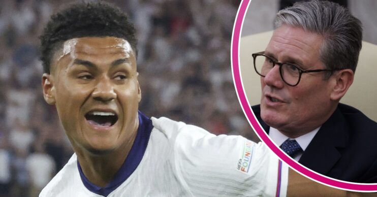 Ollie Watkins celebrating and Keir Starmer inset