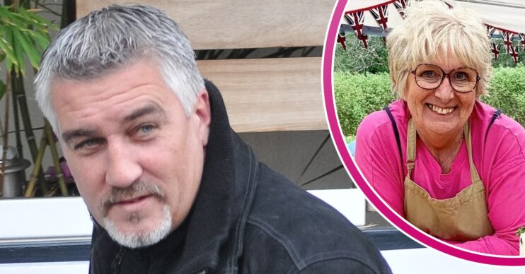 Paul Hollywood wearing a dark jacket and Dawn from Bake Off inset