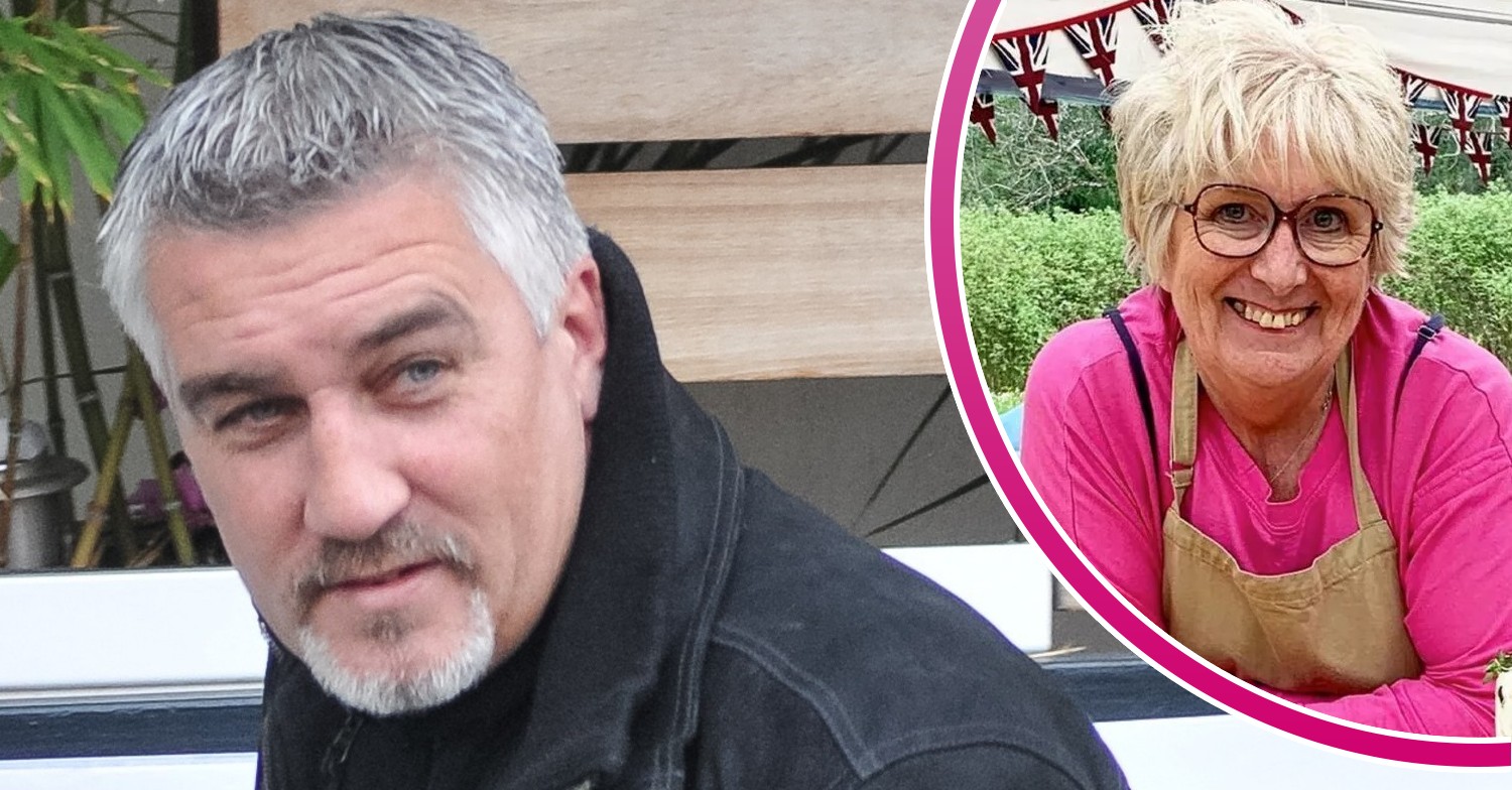 Paul Hollywood wearing a dark jacket and Dawn from Bake Off inset