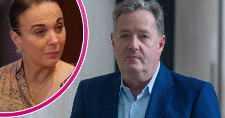 Piers Morgan looking serious and Amanda Abbington in Channel 4 interview